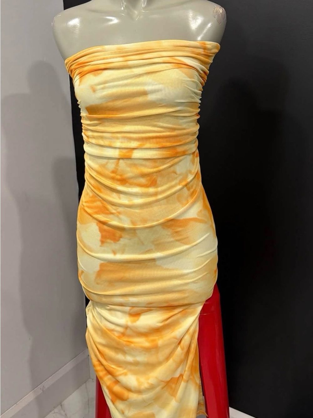Strapless Ruched Yellow Tie-Dye Maxi Dress